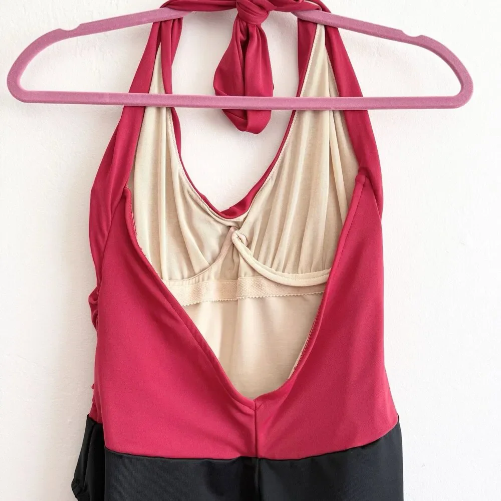 Miraclesuit Halter Top Tummy Control One Piece Swim in Black and Red Size 14
